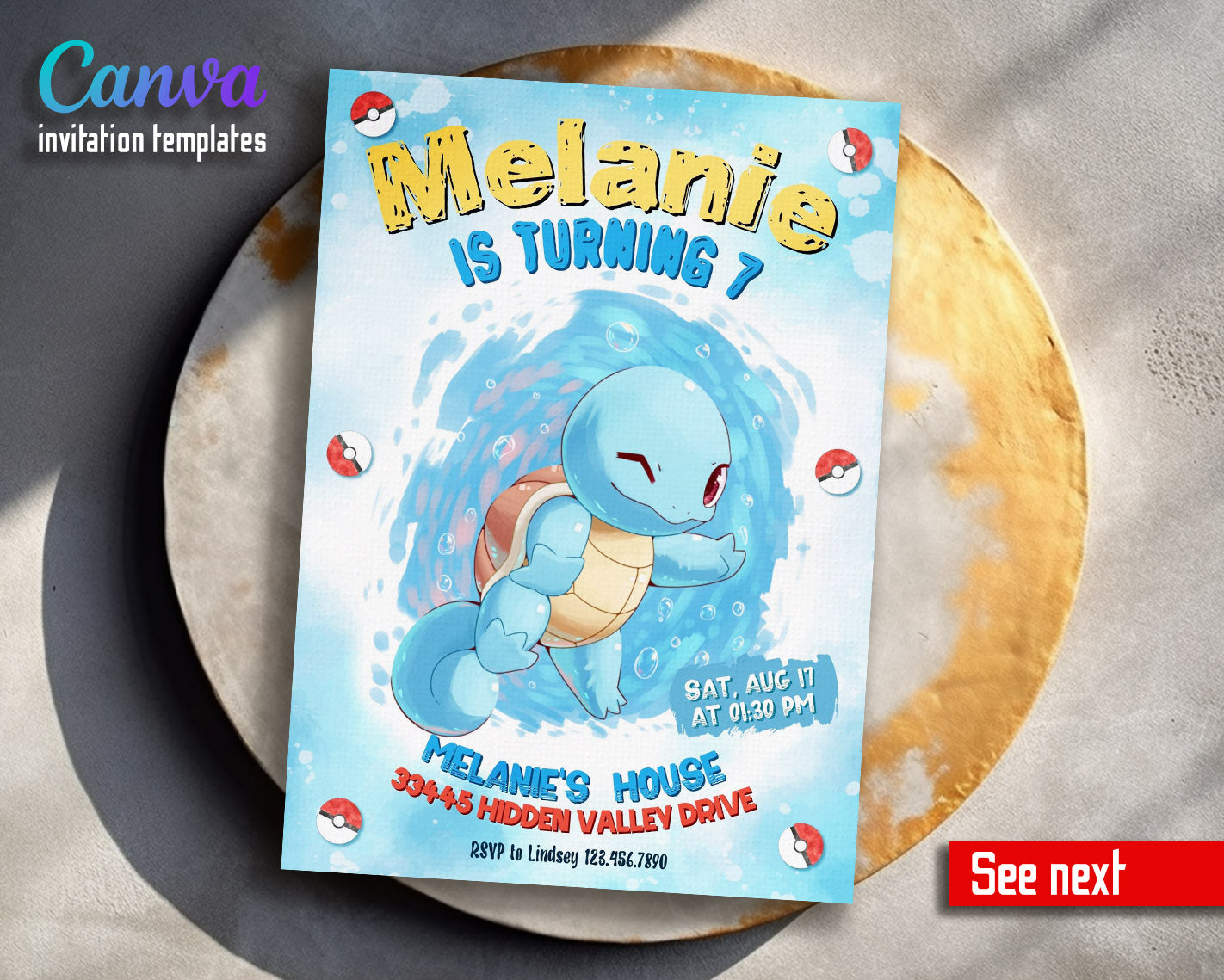 Squirtle Pokemon Anime customizable invitation template | Share or Print |  | DT061