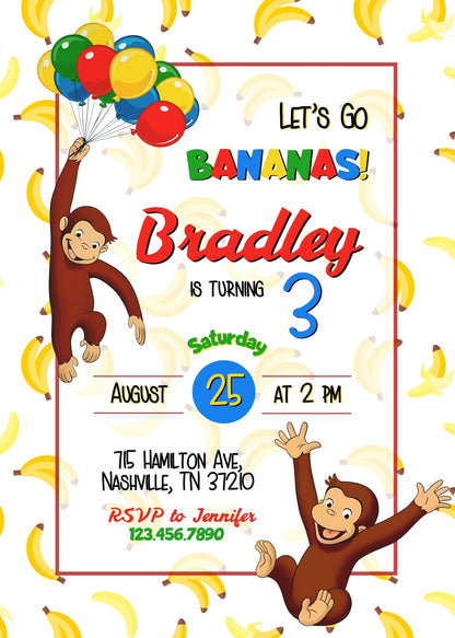 Curious George Monkey customizable invitation template | Share or Print |  | YF692