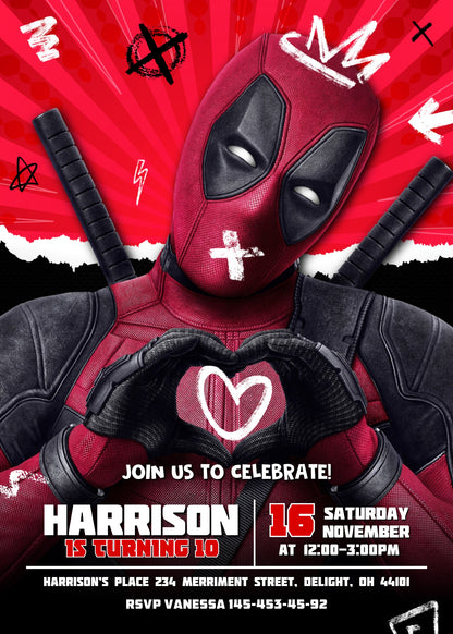 Deadpool Marvel customizable invitation template | Share or Print | boy | VL145