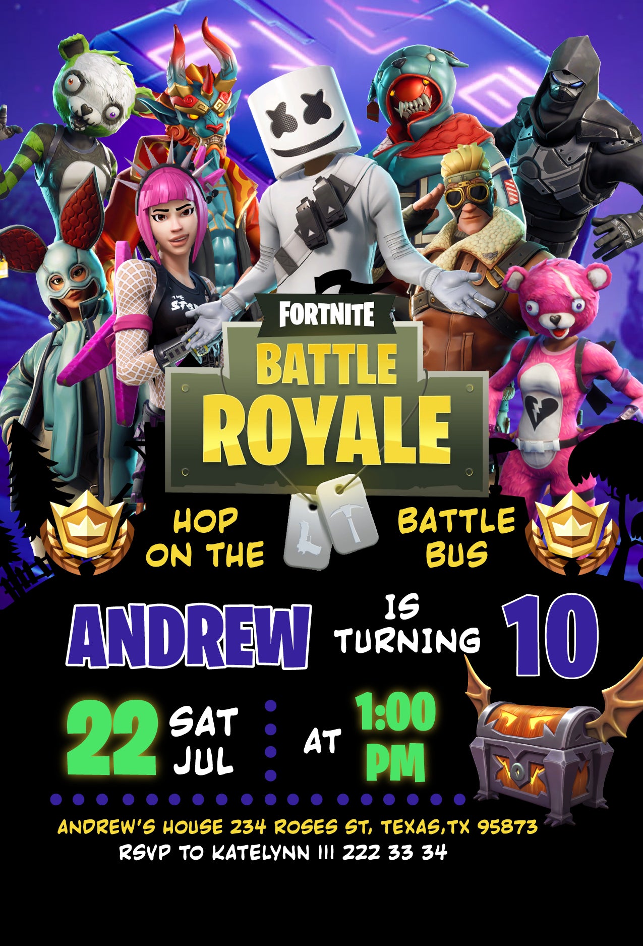 Fortnite gamer customizable invite template | instant download | Share or Print | BZ699