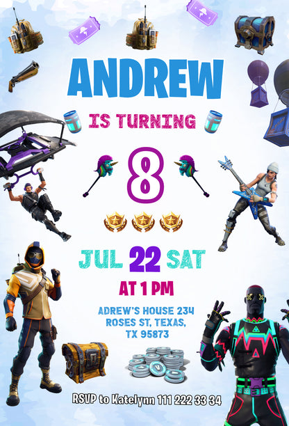 Fortnite gamer customizable invite template | instant download | Share or Print | BX966