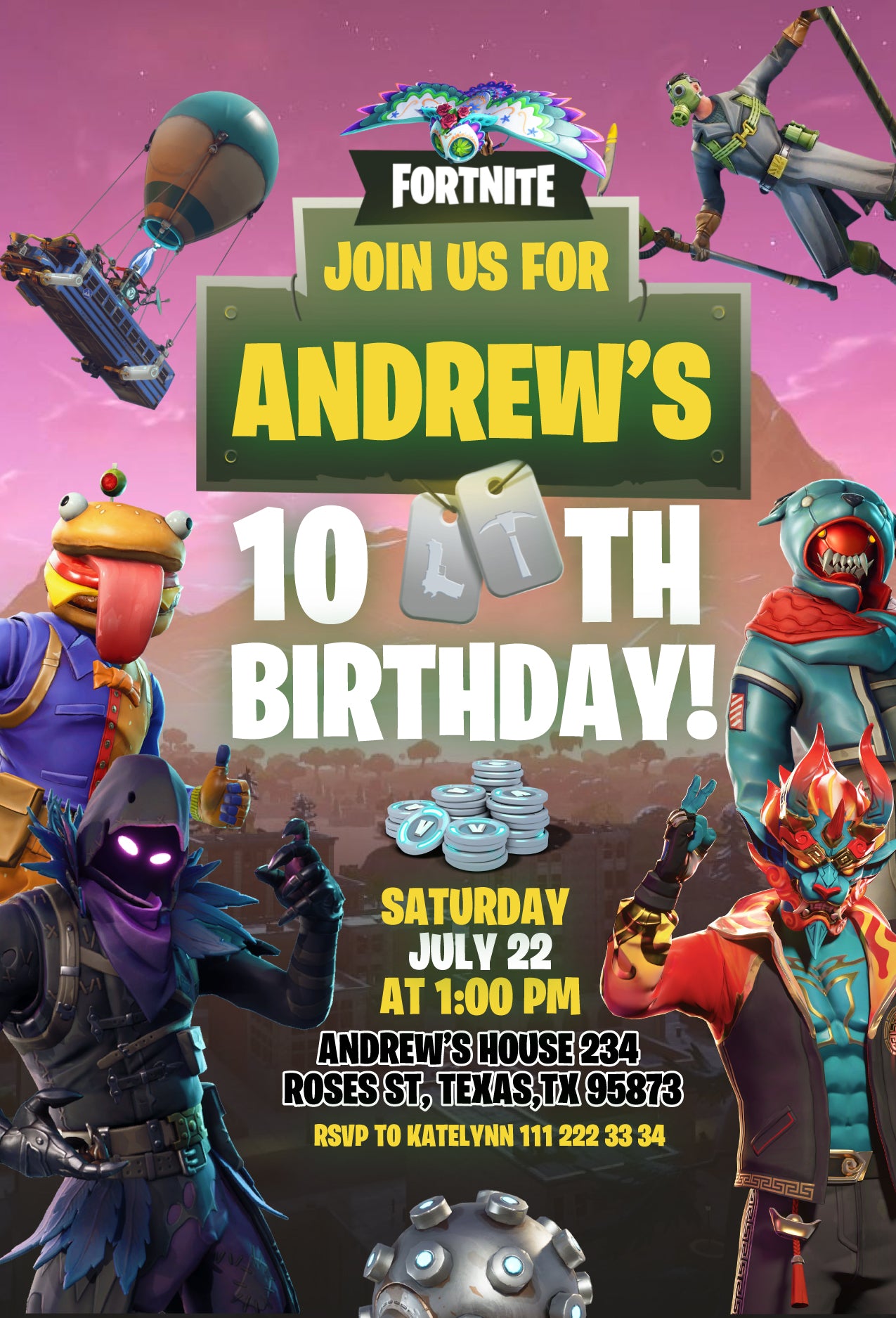 Fortnite gamer customizable invite template | instant download | Share or Print | SZ905