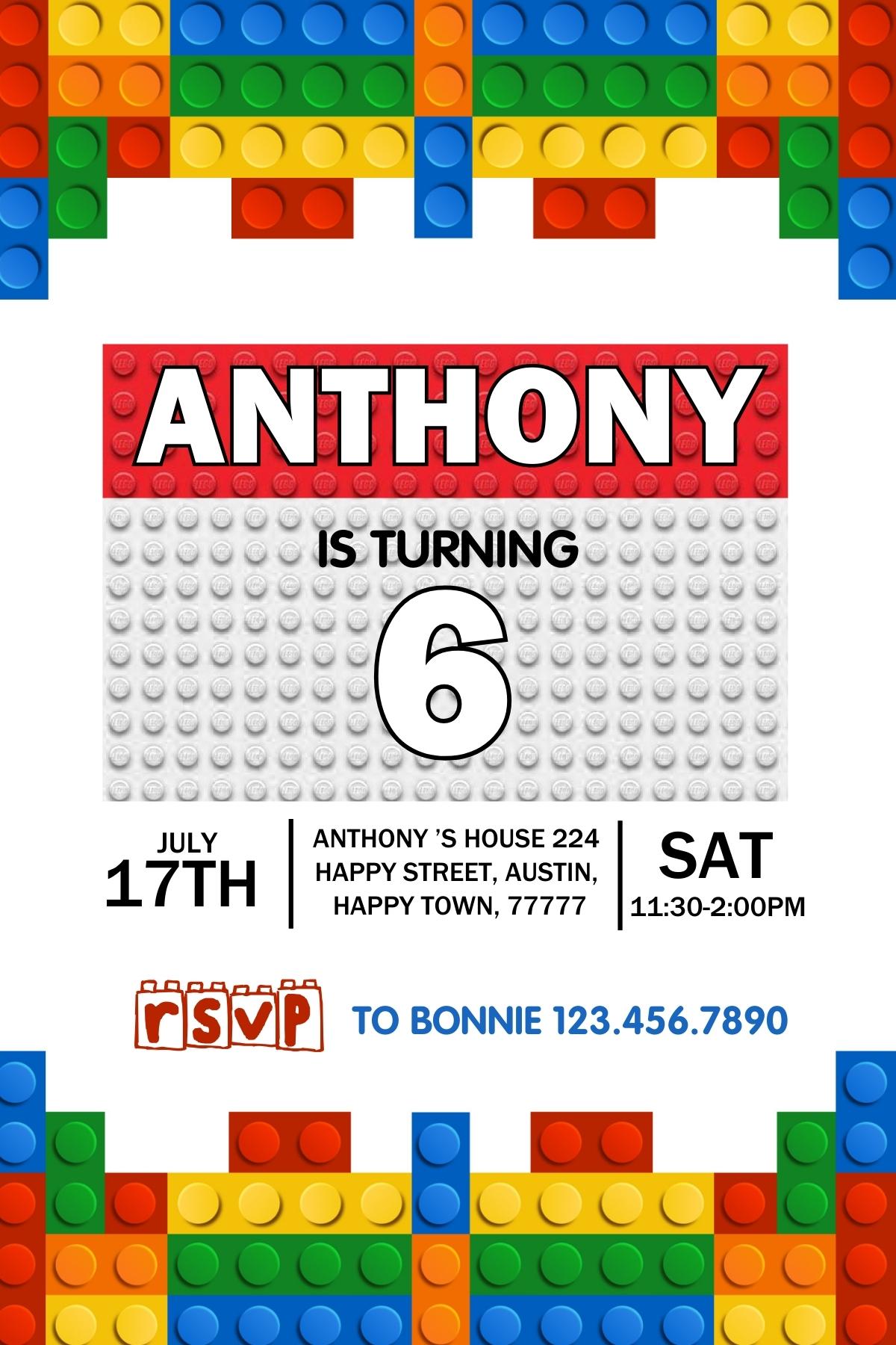 Lego customizable invite template | instant download | Share or Print | GI758